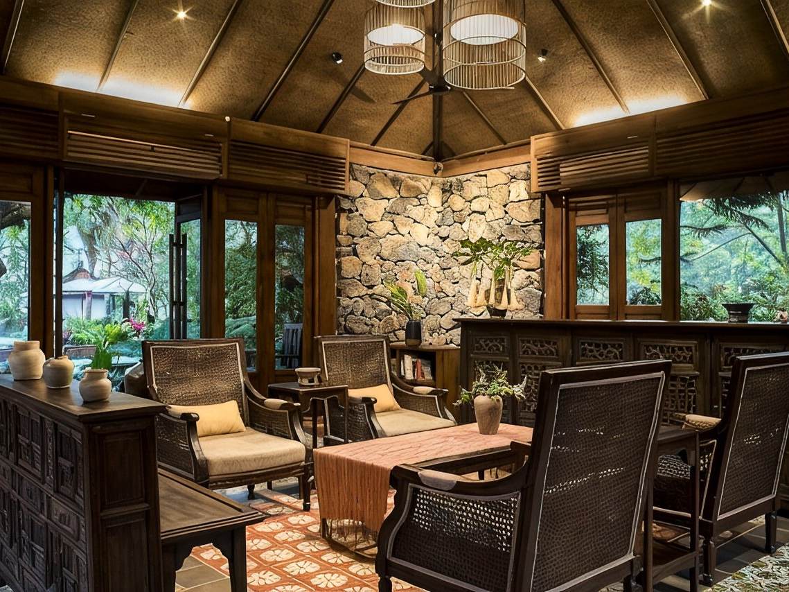 Lounge with stone walls, a timber ceiling, armchairs and a low wooden table under pendant lamps