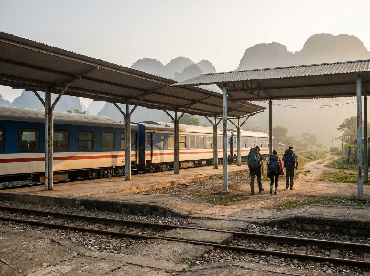 Passenger train standing at a provincial station platform under a long canopy in soft morning light