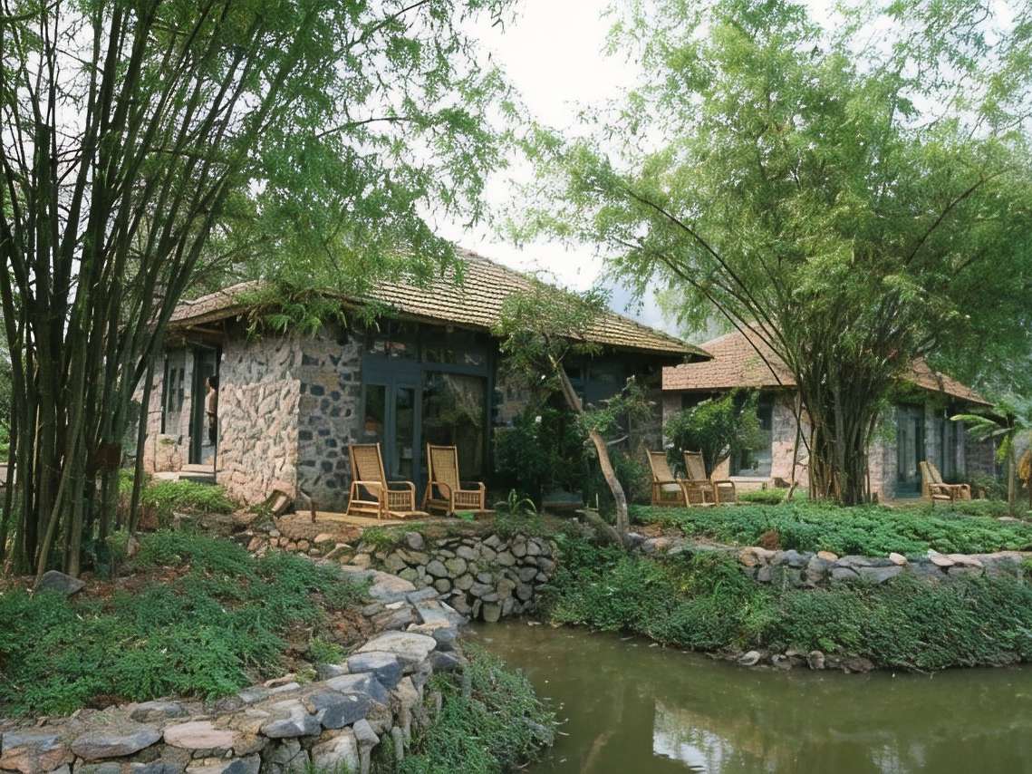Stone bungalows with tiled roofs among bamboo beside a pond with a curved stone edge
