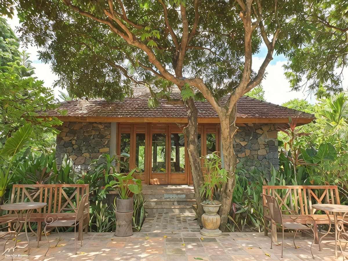 A tiled-roof bungalow with timber doors and chairs on a brick terrace under a large tree
